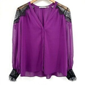 Alice + Olivia Purple Long Sleeve Lace Silk Semi Sheer Button Front Small Blouse